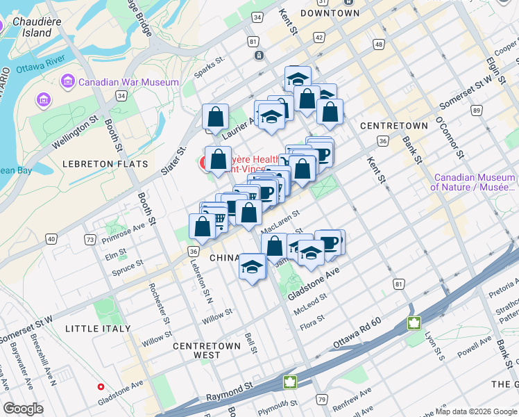 map of restaurants, bars, coffee shops, grocery stores, and more near 726 Cooper Street in Ottawa