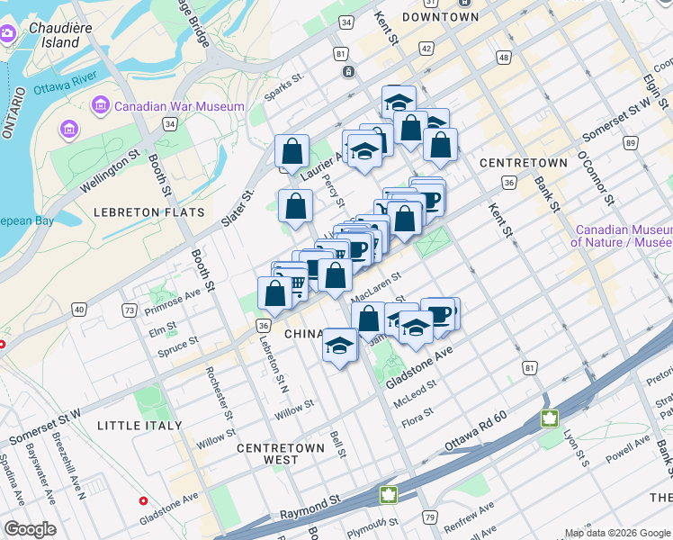 map of restaurants, bars, coffee shops, grocery stores, and more near 726 Cooper Street in Ottawa