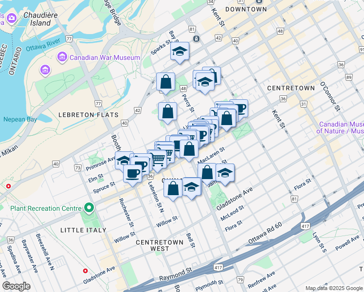 map of restaurants, bars, coffee shops, grocery stores, and more near 246 Bronson Avenue in Ottawa