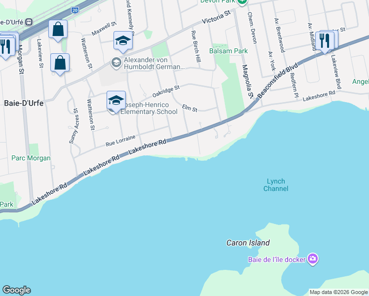 map of restaurants, bars, coffee shops, grocery stores, and more near 20110 Chemin Lakeshore in Baie-d'Urfé