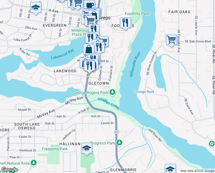 map of restaurants, bars, coffee shops, grocery stores, and more near 2 George Rogers Park in Lake Oswego