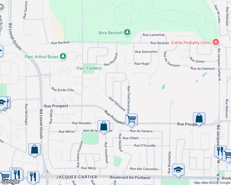 map of restaurants, bars, coffee shops, grocery stores, and more near 904 Rue Jovette-Bernier in Sherbrooke