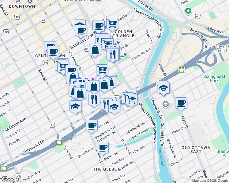 map of restaurants, bars, coffee shops, grocery stores, and more near 455 Metcalfe Street in Ottawa