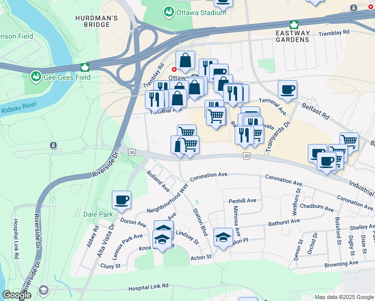 map of restaurants, bars, coffee shops, grocery stores, and more near 409 Industrial Avenue in Ottawa