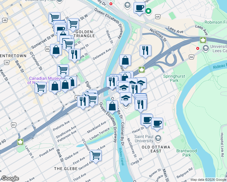 map of restaurants, bars, coffee shops, grocery stores, and more near 8 Hawthorne Avenue in Ottawa
