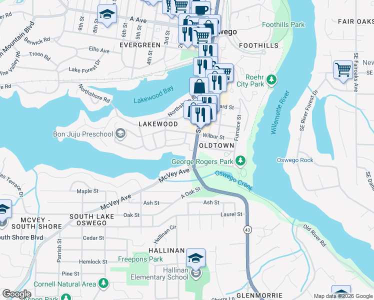 map of restaurants, bars, coffee shops, grocery stores, and more near 201 Ridgeway Road in Lake Oswego
