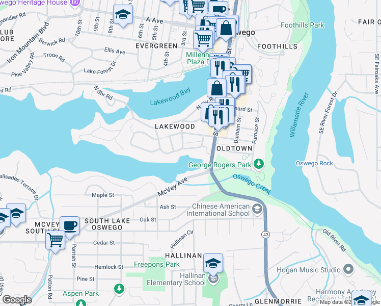 map of restaurants, bars, coffee shops, grocery stores, and more near 455 Lakewood Avenue in Lake Oswego