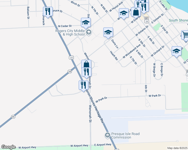 map of restaurants, bars, coffee shops, grocery stores, and more near 103 South Bradley Highway in Rogers City