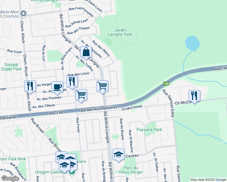 map of restaurants, bars, coffee shops, grocery stores, and more near 130 Avenue des Saules in Gatineau