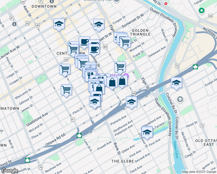 map of restaurants, bars, coffee shops, grocery stores, and more near 320 McLeod Street in Ottawa