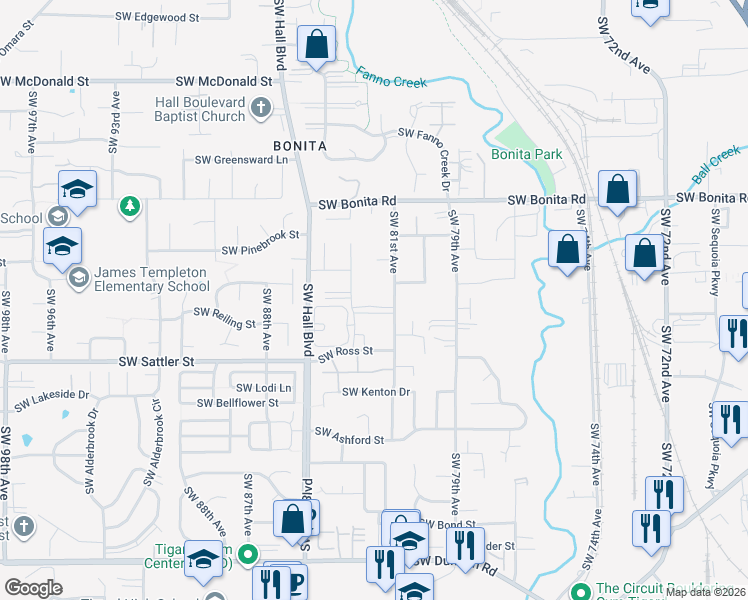 map of restaurants, bars, coffee shops, grocery stores, and more near 8203 Southwest Matthew Park Street in Tigard
