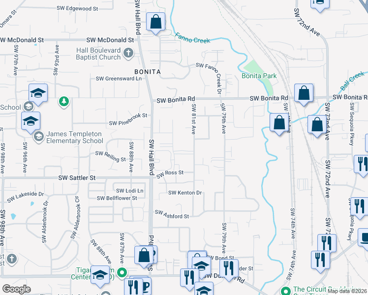 map of restaurants, bars, coffee shops, grocery stores, and more near 8203 Southwest Matthew Park Street in Tigard