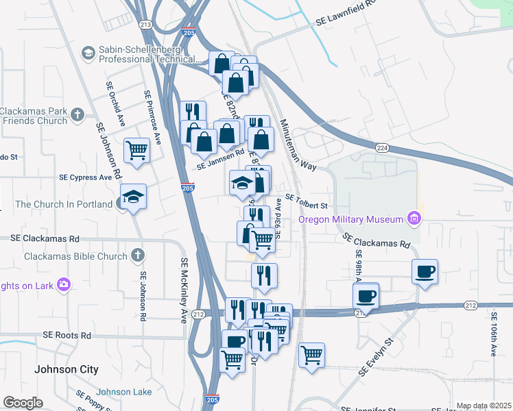 map of restaurants, bars, coffee shops, grocery stores, and more near 9145 Southeast Tolbert Street in Clackamas