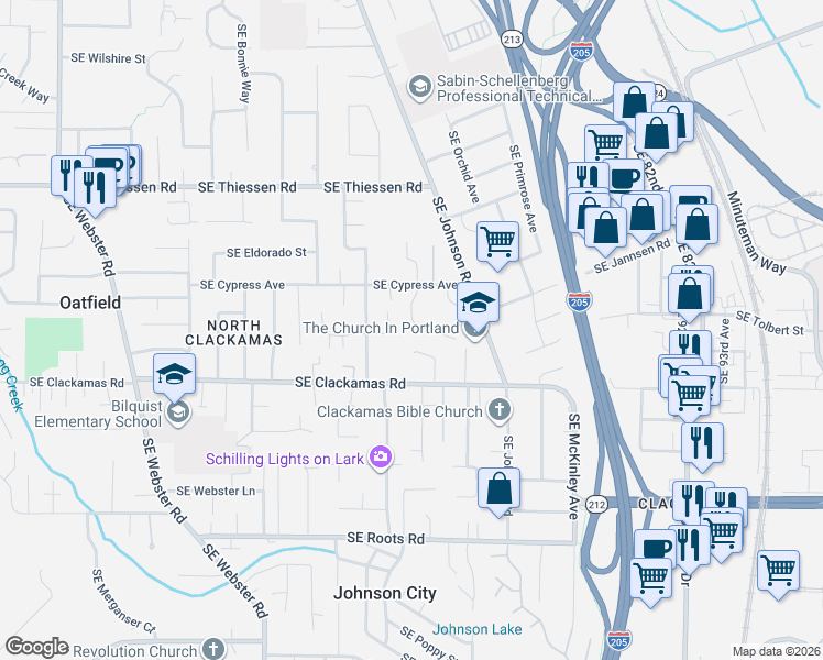 map of restaurants, bars, coffee shops, grocery stores, and more near 15225 South East Towers Terrace in Milwaukie