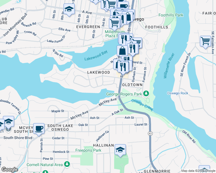 map of restaurants, bars, coffee shops, grocery stores, and more near 455 Lakewood Avenue in Lake Oswego