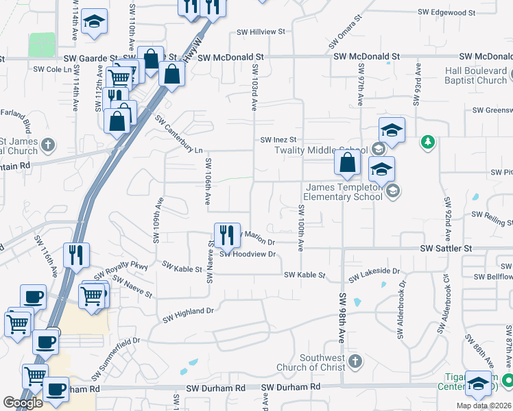 map of restaurants, bars, coffee shops, grocery stores, and more near 14860 Southwest 103rd Avenue in Tigard