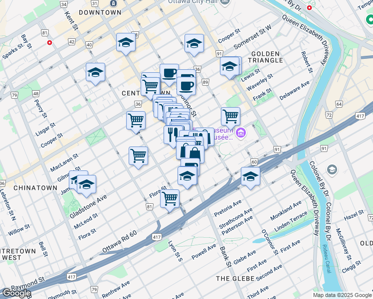 map of restaurants, bars, coffee shops, grocery stores, and more near 403 Bank Street in Ottawa
