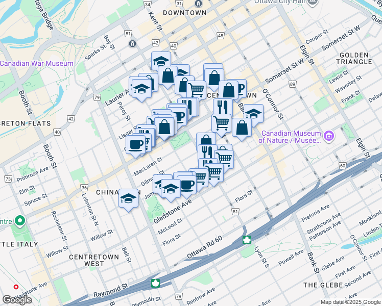 map of restaurants, bars, coffee shops, grocery stores, and more near in Ottawa