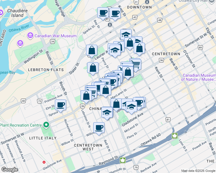 map of restaurants, bars, coffee shops, grocery stores, and more near 726 Cooper Street in Ottawa