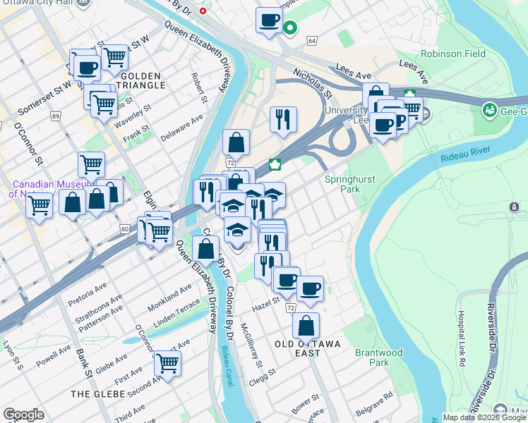 map of restaurants, bars, coffee shops, grocery stores, and more near 40 Lees Avenue in Ottawa