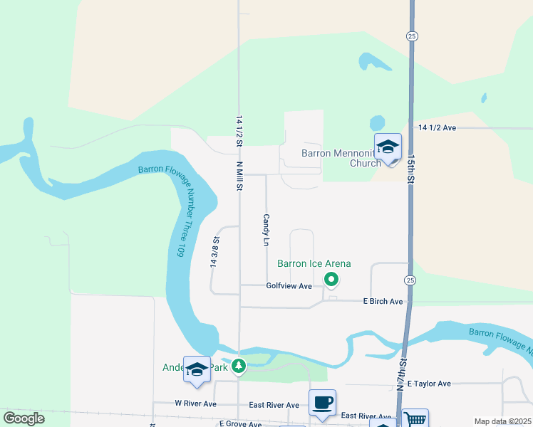 map of restaurants, bars, coffee shops, grocery stores, and more near 650 Candy Lane in Barron