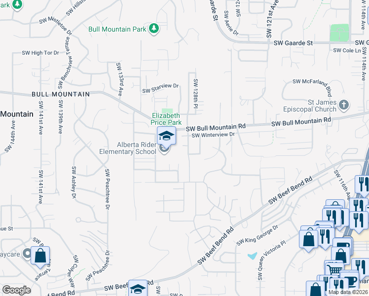 map of restaurants, bars, coffee shops, grocery stores, and more near 12895 Southwest Takena Court in Tigard
