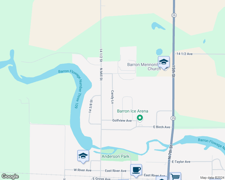 map of restaurants, bars, coffee shops, grocery stores, and more near 650 Candy Lane in Barron