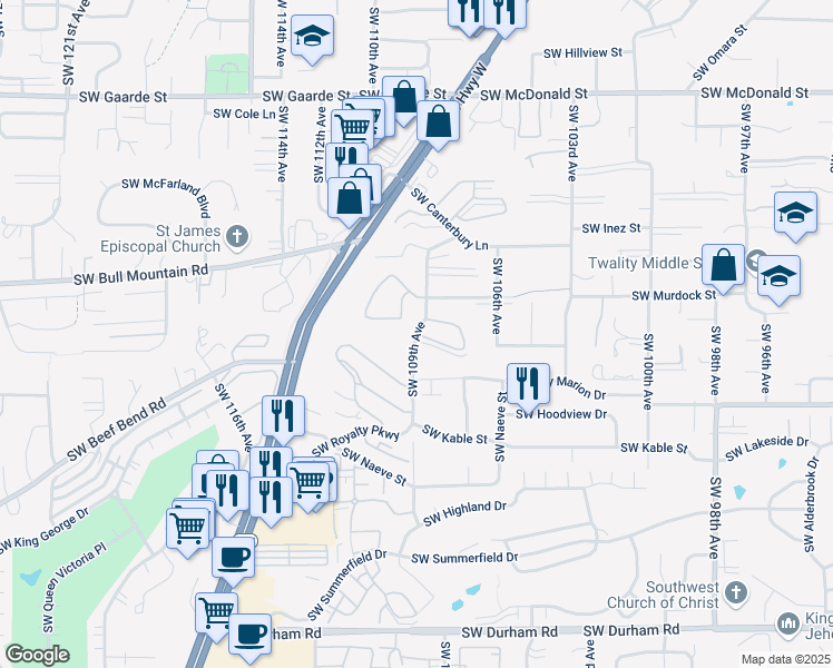 map of restaurants, bars, coffee shops, grocery stores, and more near 14861 Southwest Royalty Parkway in Tigard