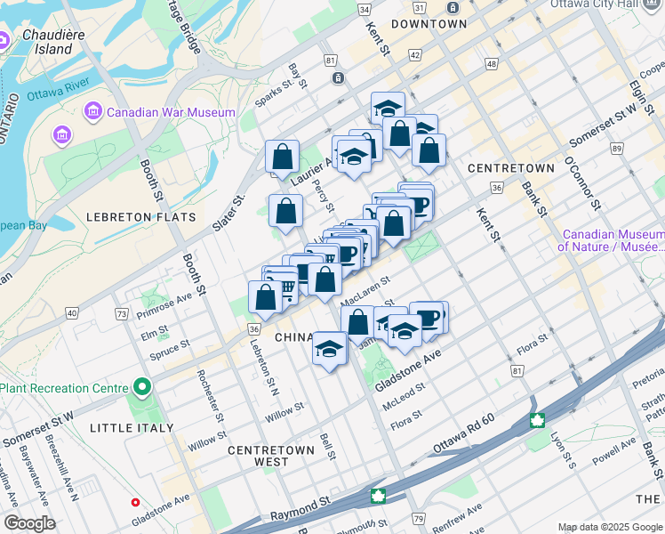 map of restaurants, bars, coffee shops, grocery stores, and more near 736 Cooper Street in Ottawa