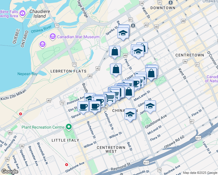 map of restaurants, bars, coffee shops, grocery stores, and more near 54 Primrose Avenue in Ottawa