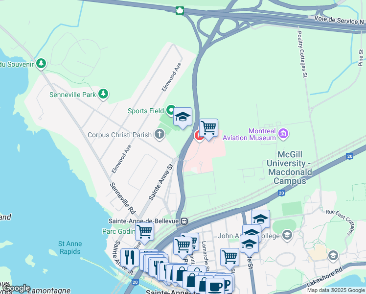 map of restaurants, bars, coffee shops, grocery stores, and more near Avenue Pearson in Senneville