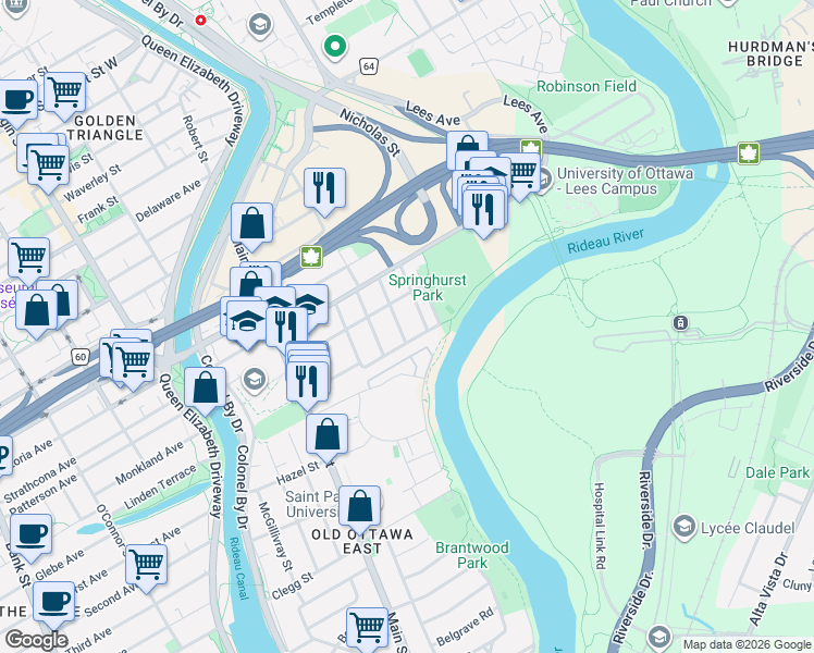 map of restaurants, bars, coffee shops, grocery stores, and more near 38 Simcoe Street in Ottawa