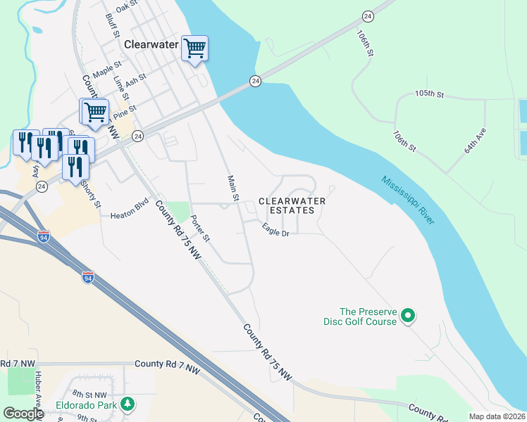 map of restaurants, bars, coffee shops, grocery stores, and more near 123 Bluebird Lane in Clearwater