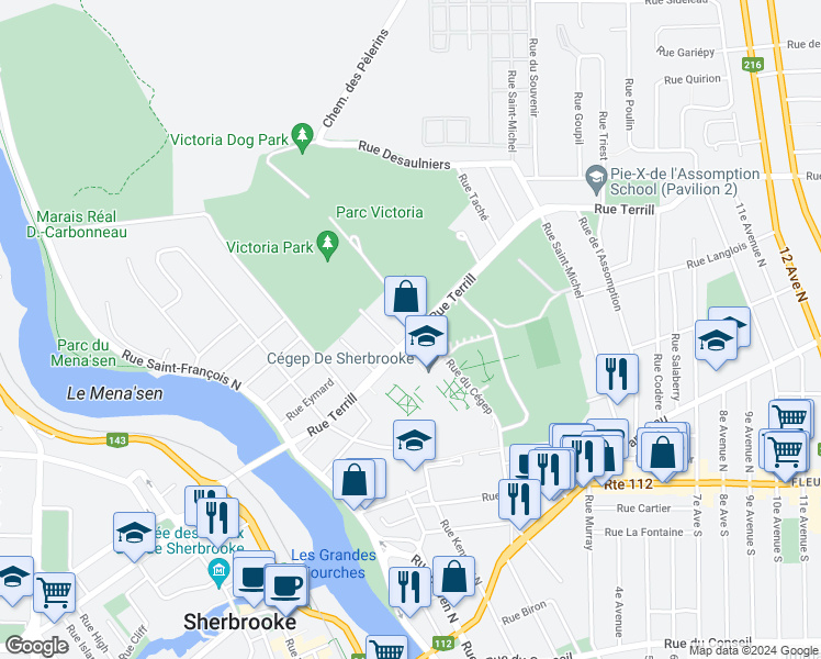 map of restaurants, bars, coffee shops, grocery stores, and more near 285 Rue Terrill in Sherbrooke