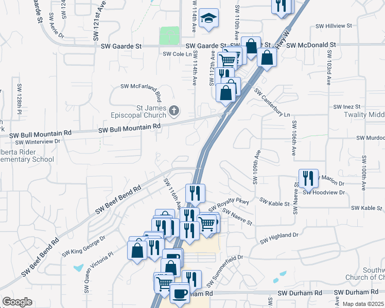 map of restaurants, bars, coffee shops, grocery stores, and more near Southwest 114th Avenue in Tigard