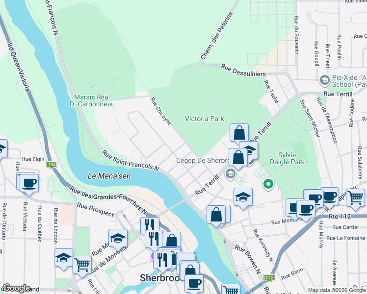 map of restaurants, bars, coffee shops, grocery stores, and more near 164 Rue du Pin-Solitaire in Sherbrooke