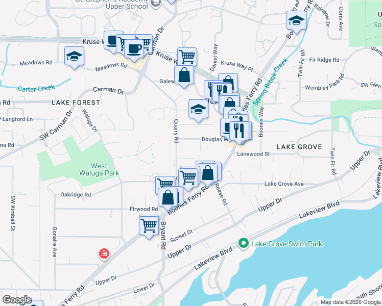 map of restaurants, bars, coffee shops, grocery stores, and more near 4301 Beasley Way in Lake Oswego