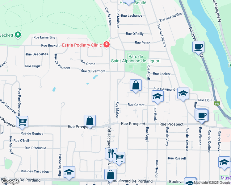 map of restaurants, bars, coffee shops, grocery stores, and more near 903 Rue Malouin in Sherbrooke