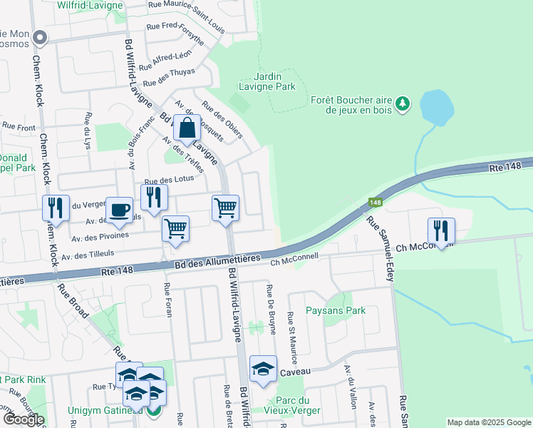 map of restaurants, bars, coffee shops, grocery stores, and more near 233 Avenue des Bourgeons in Gatineau