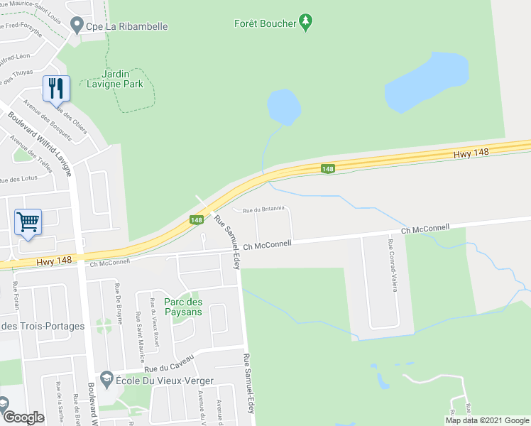 map of restaurants, bars, coffee shops, grocery stores, and more near 80 Rue du Britannia in Gatineau