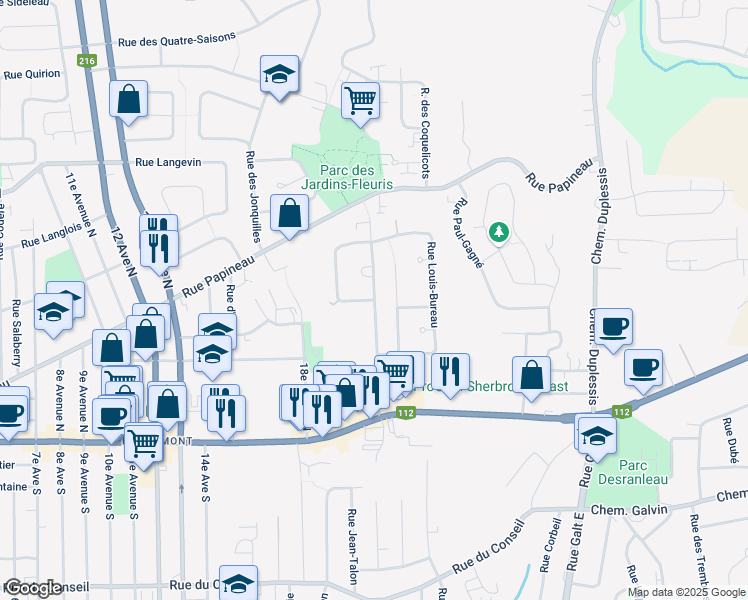 map of restaurants, bars, coffee shops, grocery stores, and more near 20e Avenue Nord in Sherbrooke