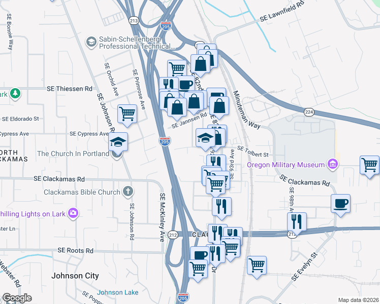 map of restaurants, bars, coffee shops, grocery stores, and more near 8998 Southeast Tolbert Street in Clackamas