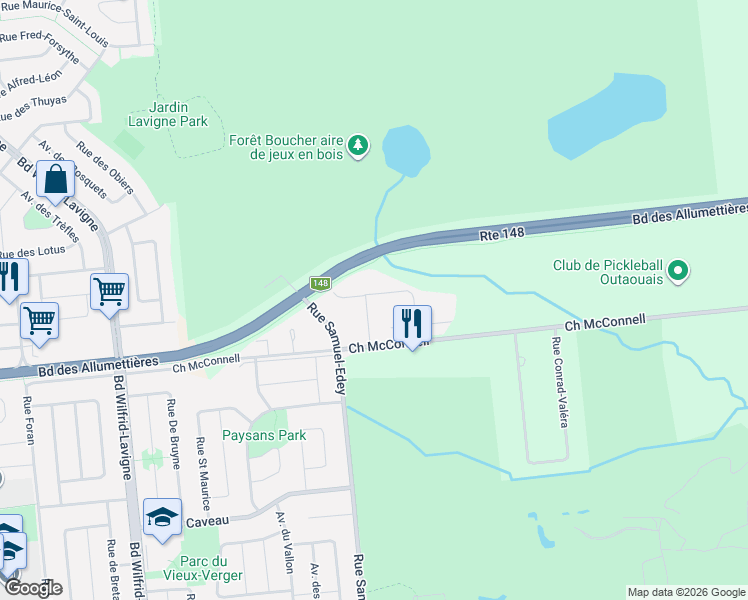 map of restaurants, bars, coffee shops, grocery stores, and more near 74 Rue du Britannia in Gatineau