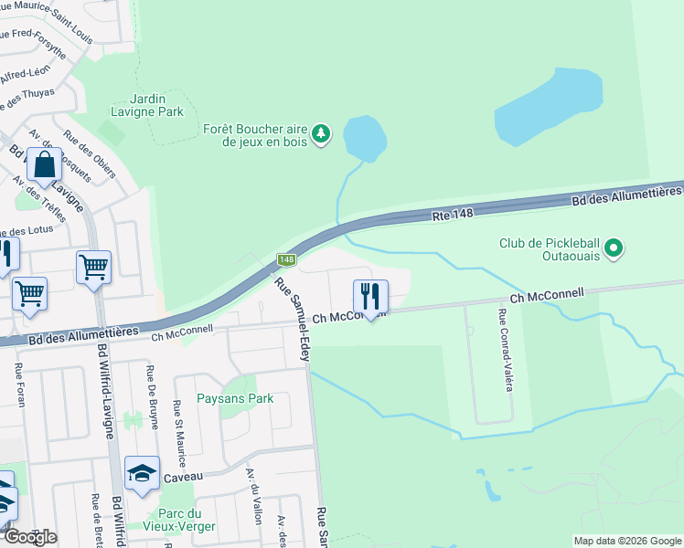map of restaurants, bars, coffee shops, grocery stores, and more near 80 Rue du Britannia in Gatineau