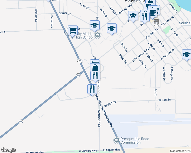 map of restaurants, bars, coffee shops, grocery stores, and more near 103 South Bradley Highway in Rogers City
