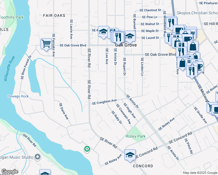 map of restaurants, bars, coffee shops, grocery stores, and more near 15301 Southeast Lee Avenue in Milwaukie