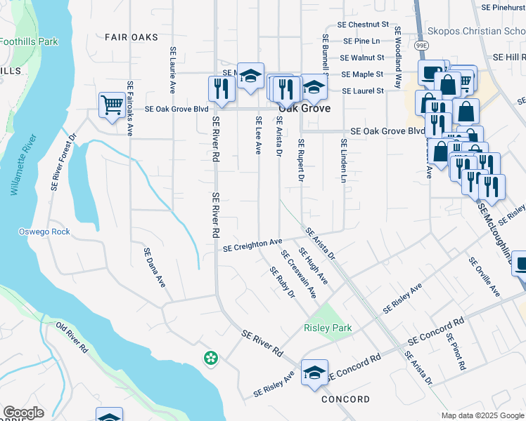 map of restaurants, bars, coffee shops, grocery stores, and more near 15301 Southeast Lee Avenue in Milwaukie