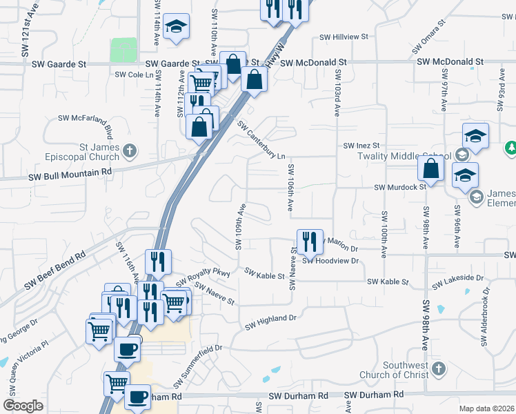 map of restaurants, bars, coffee shops, grocery stores, and more near 14994 Southwest 109th Avenue in Tigard