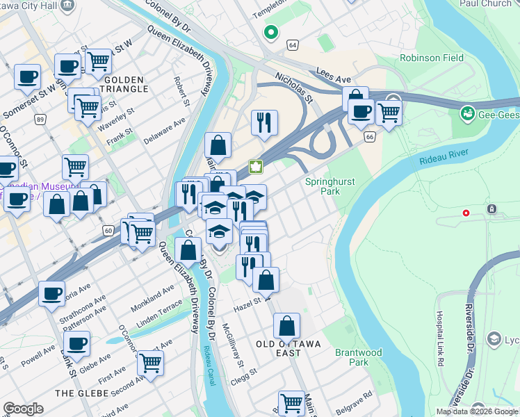 map of restaurants, bars, coffee shops, grocery stores, and more near 62 Lees Avenue in Ottawa