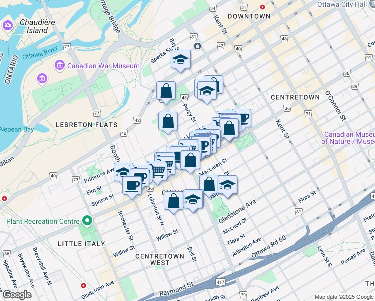 map of restaurants, bars, coffee shops, grocery stores, and more near 246 Bronson Avenue in Ottawa